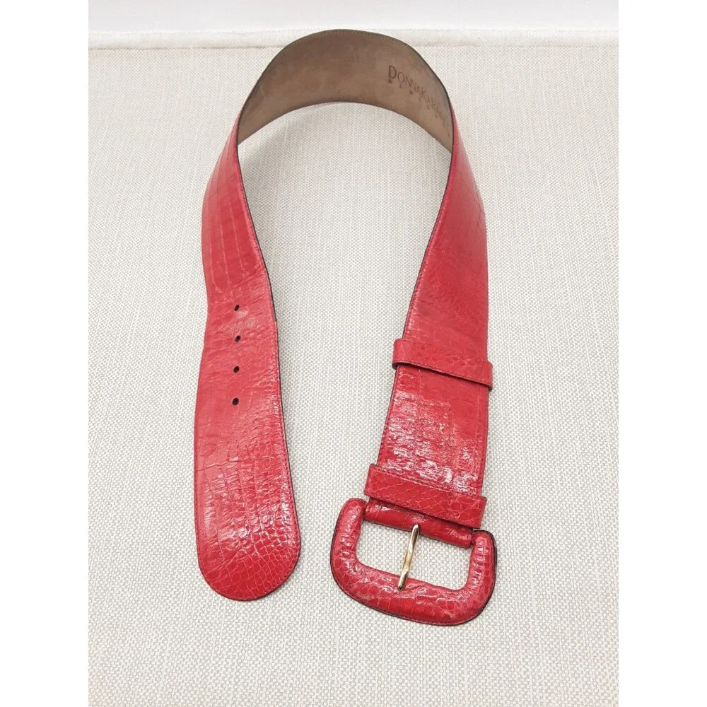 Donna Karan Wide Vintage Medium Belt Genuine Caiman Crocodile Red Rare Patent